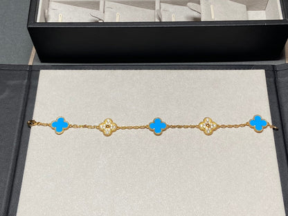 [Rose Jewelrys]CLOVER 5 MOTIF BLUE CHALCEDONY DIAMOND GOLD BRACELET