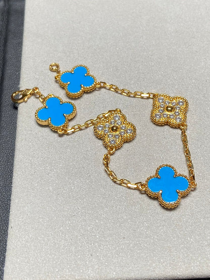 [Rose Jewelrys]CLOVER 5 MOTIF BLUE CHALCEDONY DIAMOND GOLD BRACELET