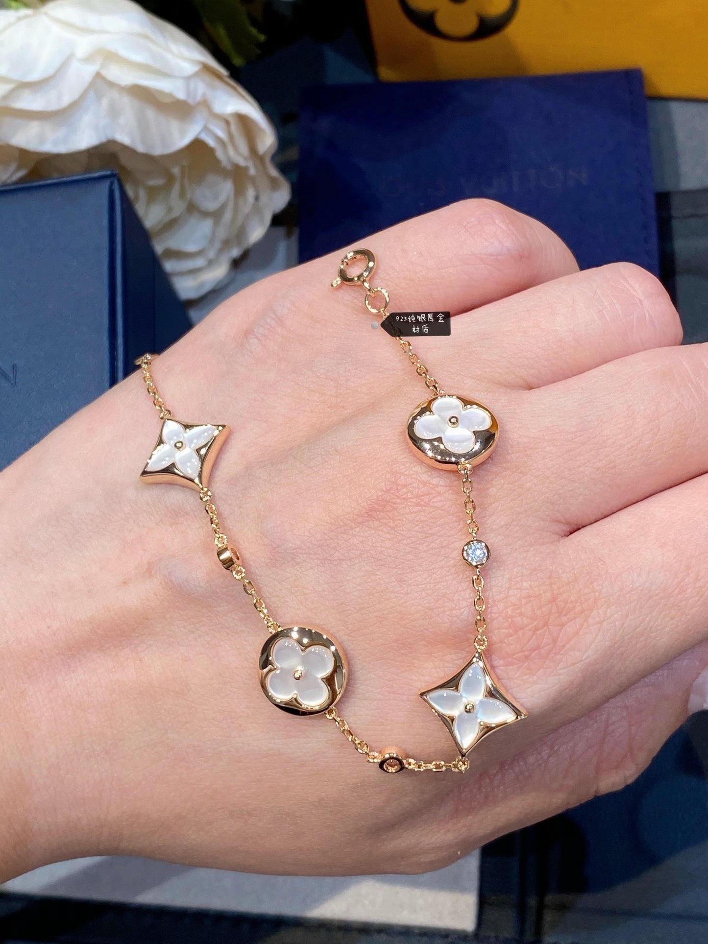 [Rose Jewelrys]STAR AND SUN 4 MOTIF WHITE MOP PINK GOLD BRACELET