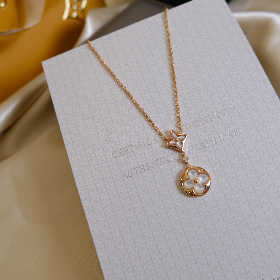 [Rose Jewelrys]STAR AND SUN WHITE MOP 2 MOTIF PINK GOLD NECKLACE