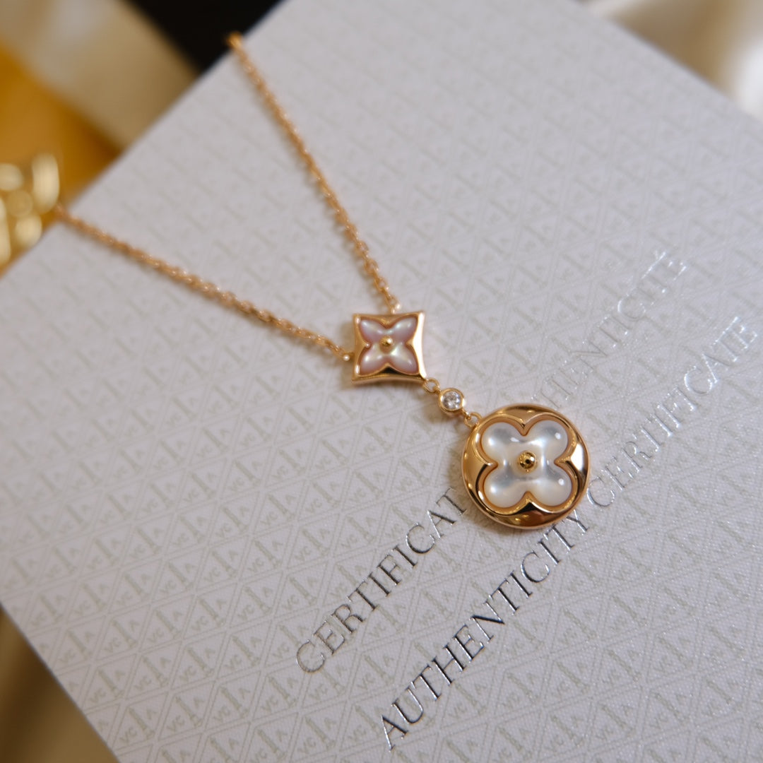 [Rose Jewelrys]STAR AND SUN WHITE MOP 2 MOTIF PINK GOLD NECKLACE