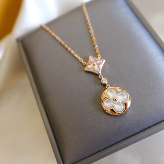 [Rose Jewelrys]STAR AND SUN WHITE MOP 2 MOTIF PINK GOLD NECKLACE