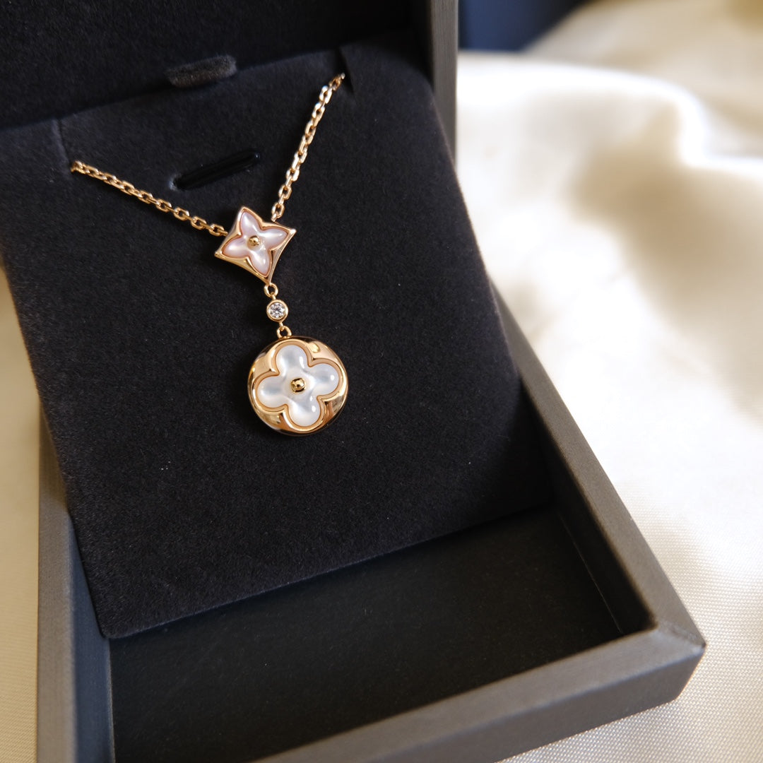 [Rose Jewelrys]STAR AND SUN WHITE MOP 2 MOTIF PINK GOLD NECKLACE