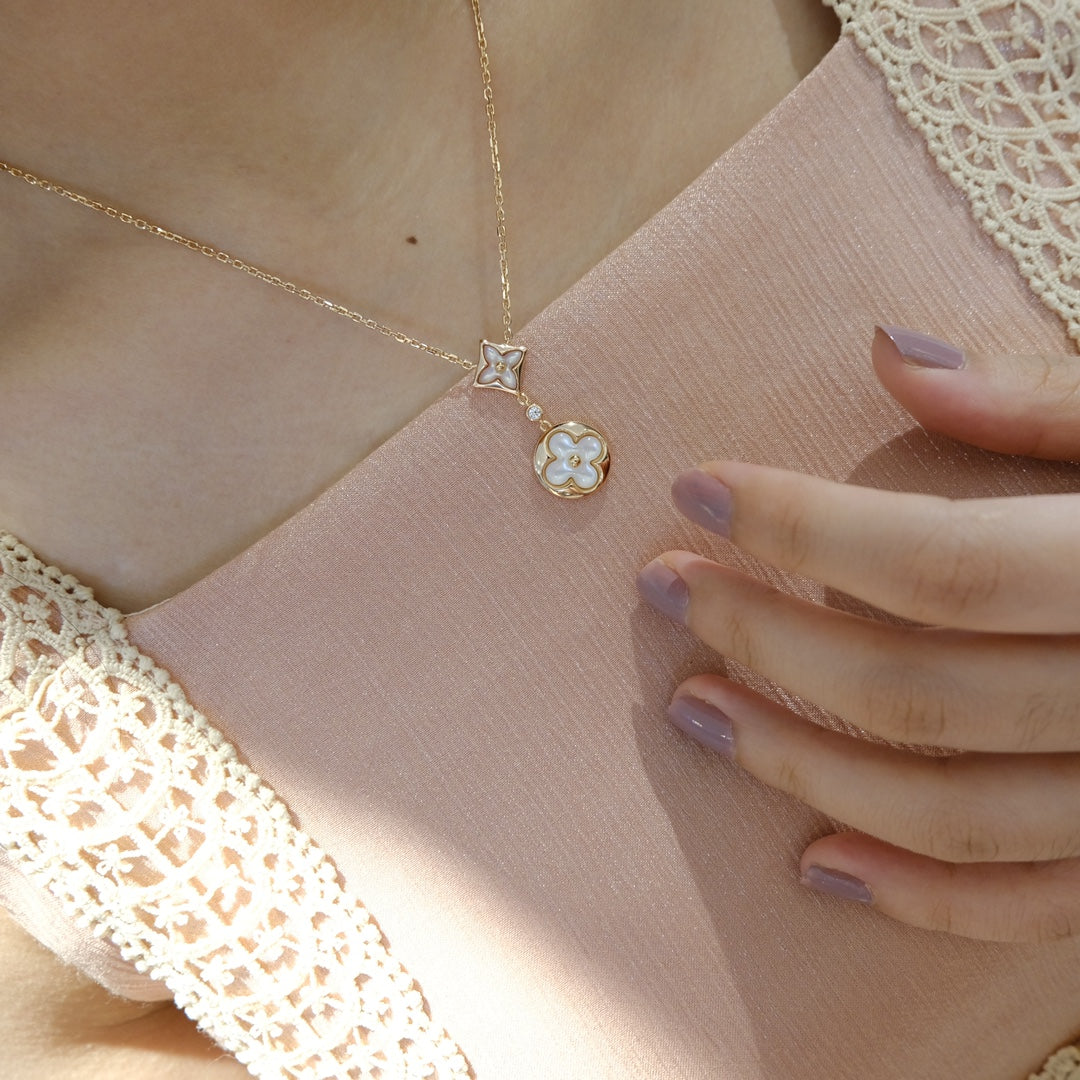 [Rose Jewelrys]STAR AND SUN WHITE MOP 2 MOTIF PINK GOLD NECKLACE