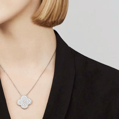 [Rose Jewelrys]CLOVER 25MM LARGE PENDANT DIAMOND PAVED SILVER NECKLACE