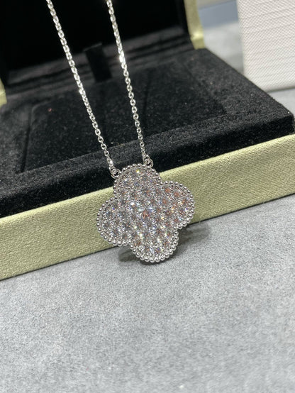 [Rose Jewelrys]CLOVER 25MM LARGE PENDANT DIAMOND PAVED SILVER NECKLACE
