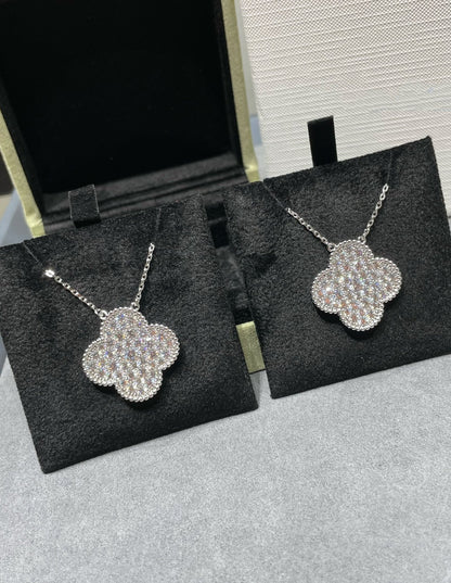 [Rose Jewelrys]CLOVER 25MM LARGE PENDANT DIAMOND PAVED SILVER NECKLACE