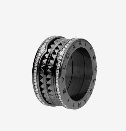 [Rose Jewelrys]ZERO 1 ROCK FOUR-BAND BLACK CERAMIC WITH STUDDED SPIRAL AND PAVED DIAMONDS RING