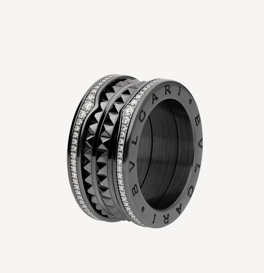 [Rose Jewelrys]ZERO 1 ROCK FOUR-BAND BLACK CERAMIC WITH STUDDED SPIRAL AND PAVED DIAMONDS RING