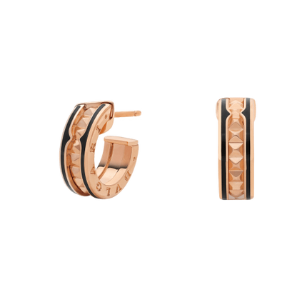 [Rose Jewelrys]ZERO 1 ROCK PINK GOLD EARRINGS WITH STUDDED SPIRAL AND BLACK CERAMIC