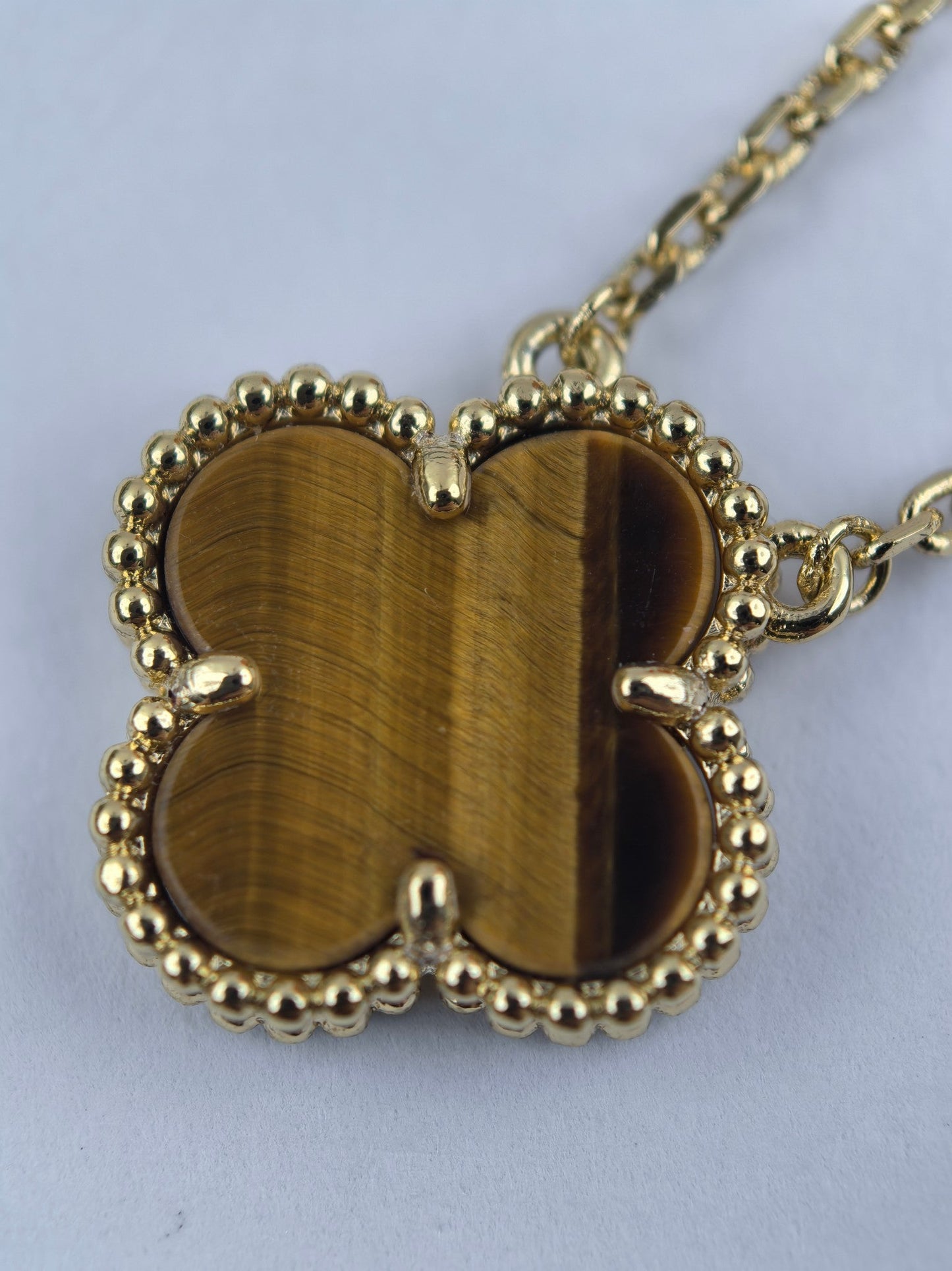 [Rose Jewelry]CLOVER 15MM YELLOW TIGER'S EYE AGATE NECKLACE