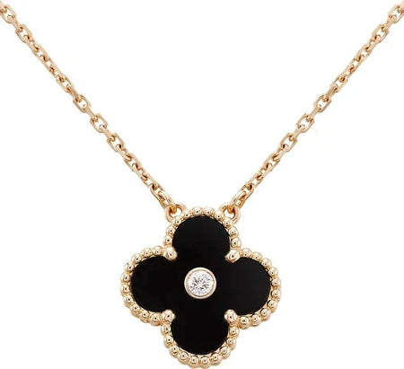 [🌹Rose💎]CLOVER 15MM DIAMOND ONYX NECKLACE