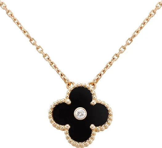 [Rose Jewelrys]CLOVER 15MM DIAMOND ONYX NECKLACE