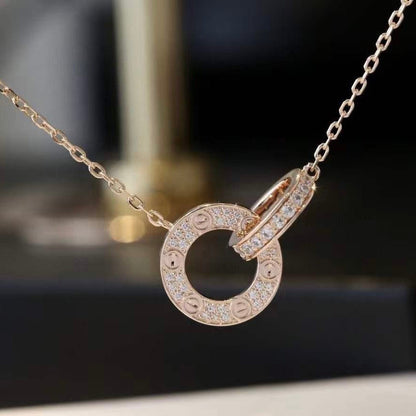 [Rose Jewelrys]LOVE 7.6MM NECKLACE ROSE GOLD AND SILVER  FULL DIAMOND