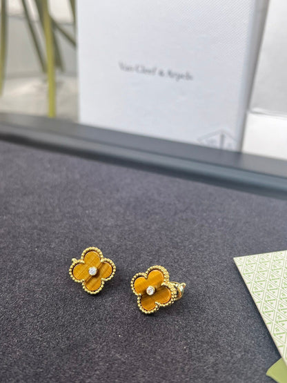 [Rose Jewelry]CLOVER MEDIUM 1 MOTIFS TIGER EYE  DIAMOND  EARRINGS