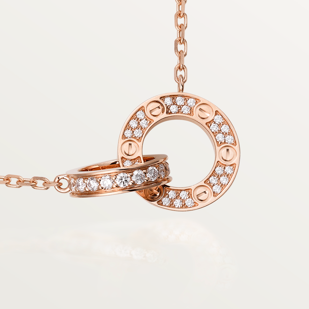 [Rose Jewelrys]LOVE 7.6MM NECKLACE ROSE GOLD AND SILVER  FULL DIAMOND