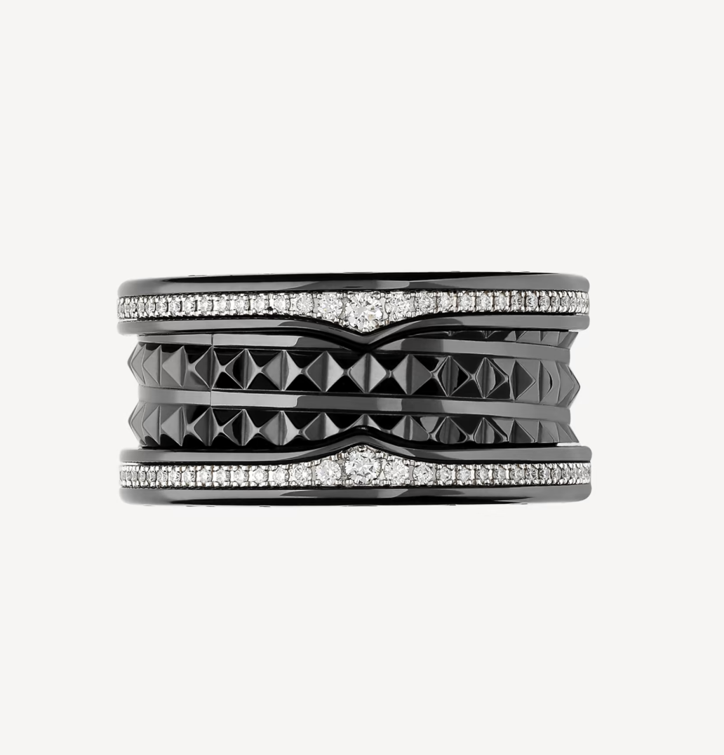 [Rose Jewelrys]ZERO 1 ROCK FOUR-BAND BLACK CERAMIC WITH STUDDED SPIRAL AND PAVED DIAMONDS RING