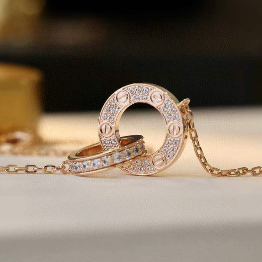 [Rose Jewelrys]LOVE 7.6MM NECKLACE ROSE GOLD AND SILVER  FULL DIAMOND