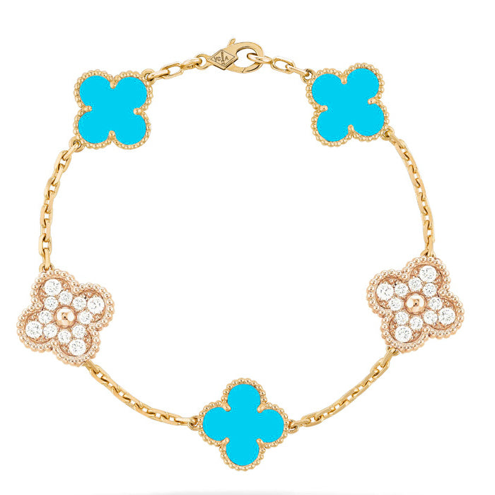 [🌹Rose💎]CLOVER 5 MOTIF TURQUOISE DIAMOND GOLD BRACELET