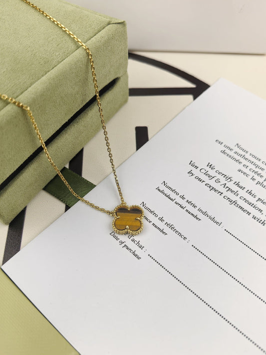 [Rose Jewelrys]CLOVER 25MM GOLD TIGER'S EYE  BIG CLOVER NECKLACE