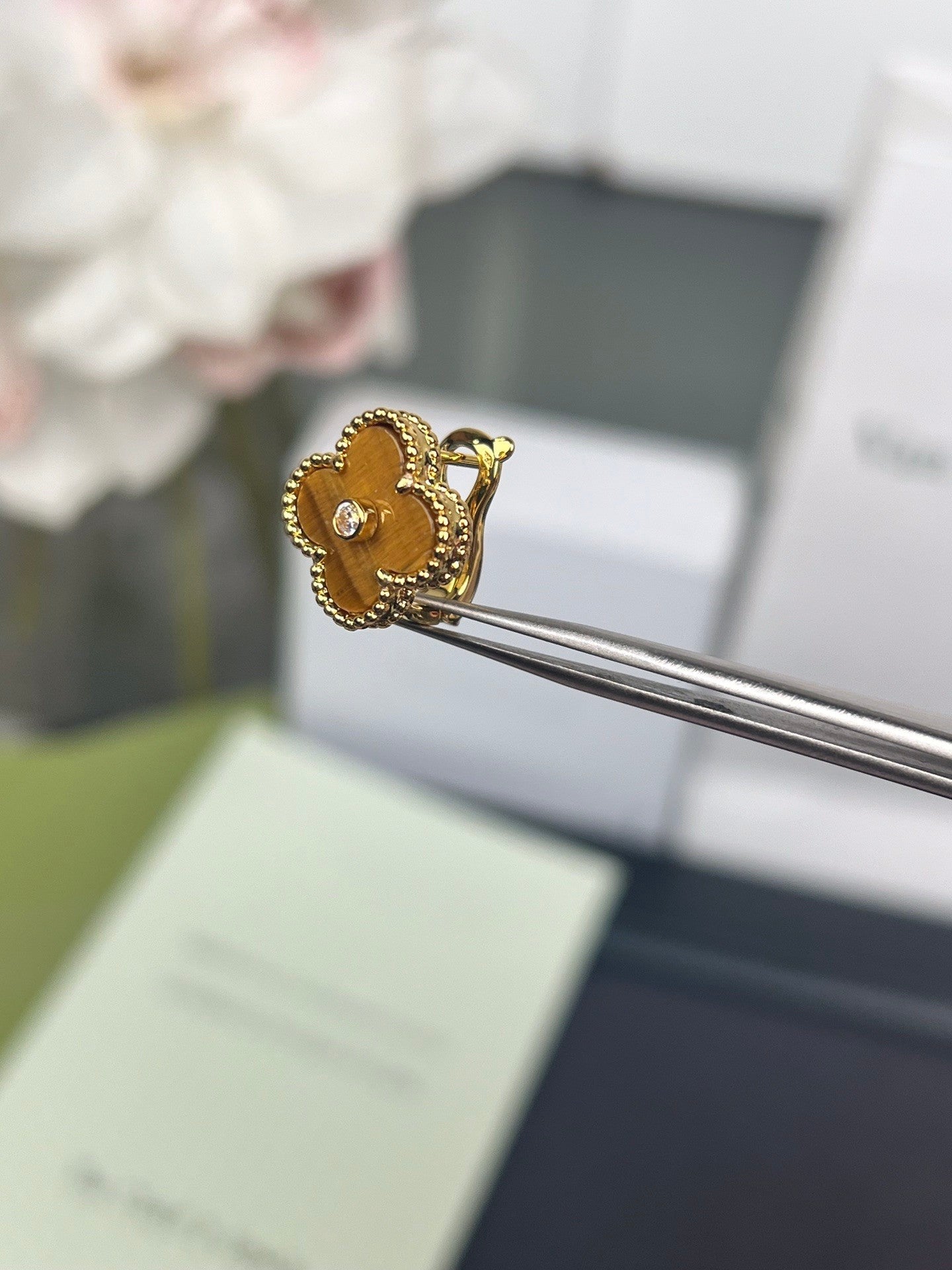 [Rose Jewelry]CLOVER MEDIUM 1 MOTIFS TIGER EYE  DIAMOND  EARRINGS