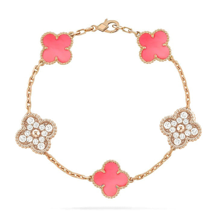 [🌹Rose💎]CLOVER 5 MOTIF DIAMOND PINK MOP PINK GOLD BRACELET