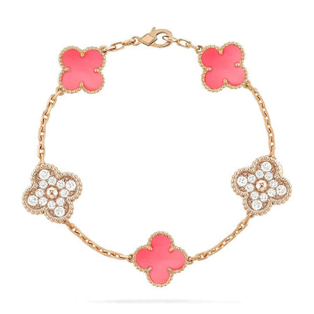 [🌹Rose💎]CLOVER 5 MOTIF DIAMOND PINK MOP PINK GOLD BRACELET