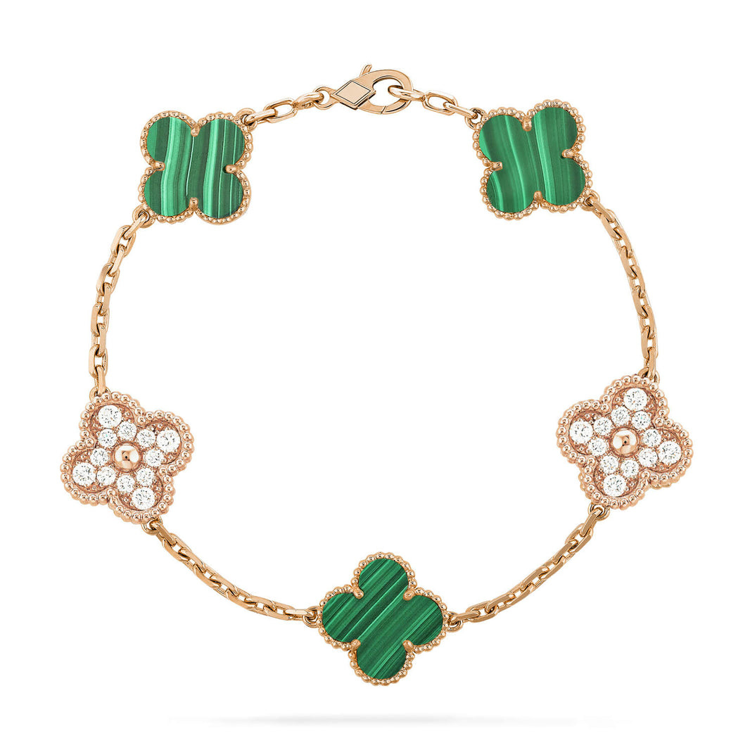 [🌹Rose💎]CLOVER  5 MOTIF MALACHITE DIAMOND BRACELET