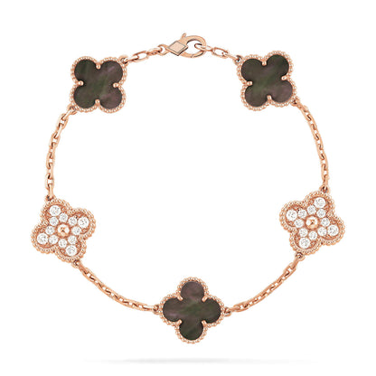 [Rose Jewelrys]CLOVER 5 MOTIFS DARK MOP AND DIAMONDS PINK GOLD BRACELET