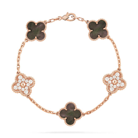 [🌹Rose💎]CLOVER 5 MOTIFS DARK MOP AND DIAMONDS  BRACELET