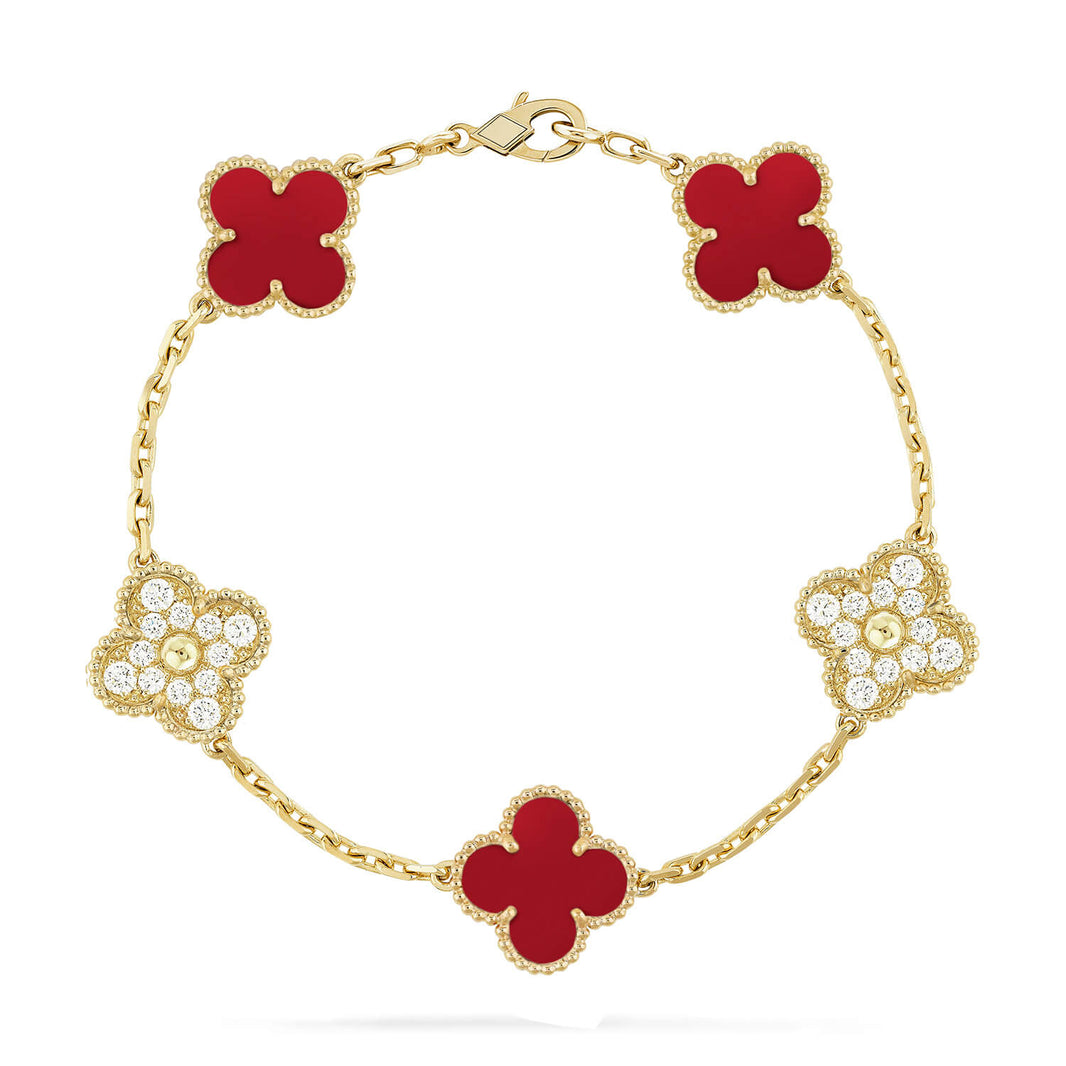 [🌹Rose💎]CLOVER 5 MOTIFS CARNELIAN DIAMOND BRACELET