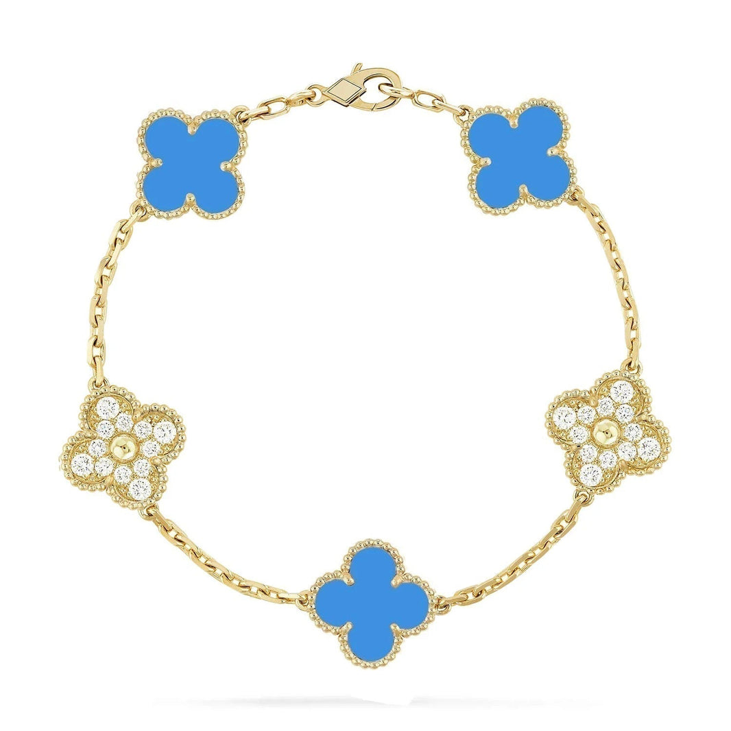 [🌹Rose💎]CLOVER 5 MOTIF BLUE CHALCEDONY DIAMOND GOLD BRACELET