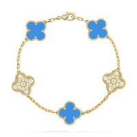 [🌹Rose💎]CLOVER 5 MOTIF BLUE CHALCEDONY DIAMOND GOLD BRACELET