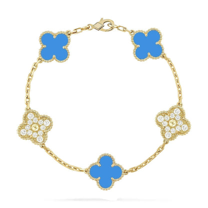 [Rose Jewelrys]CLOVER 5 MOTIF BLUE CHALCEDONY DIAMOND GOLD BRACELET