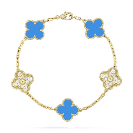 [🌹Rose💎]CLOVER 5 MOTIF BLUE CHALCEDONY DIAMOND GOLD BRACELET
