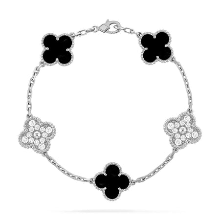 [🌹Rose💎]CLOVER 5 MOTIF ONYXS DIAMOND BRACELET SILVER