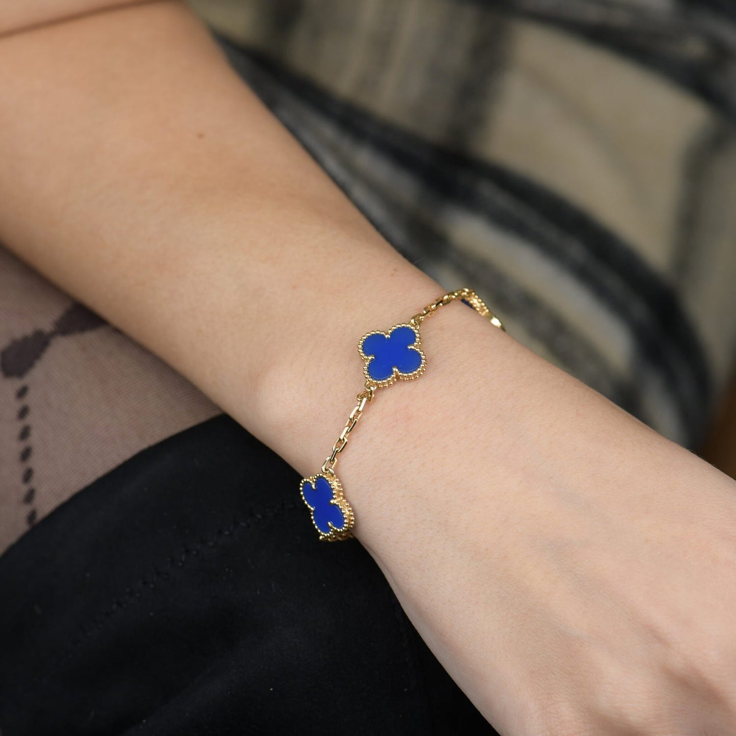 [Rose Jewelrys]CLOVER 5 MOTIFS BLUE AGATE BRACELET
