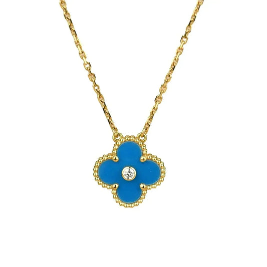 [Rose Jewelrys]CLOVER 15MM DIAMOND AND BLUE AGATE NECKLACE