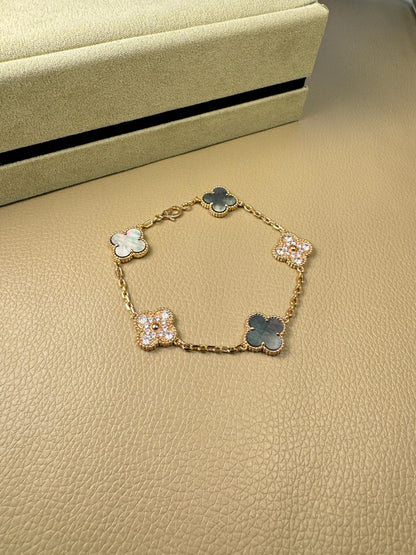 [🌹Rose💎]CLOVER 5 MOTIFS DARK MOP AND DIAMONDS  BRACELET