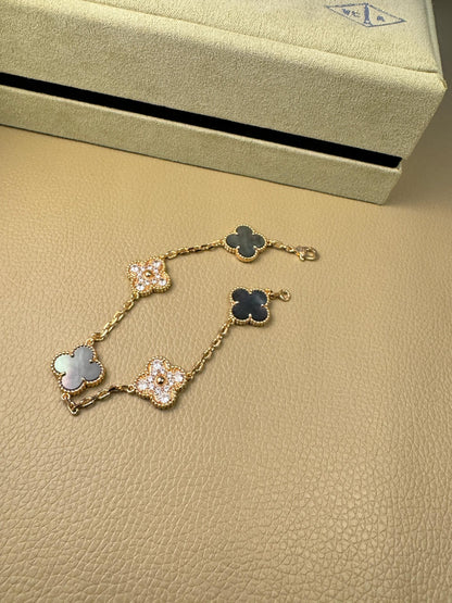 [🌹Rose💎]CLOVER 5 MOTIFS DARK MOP AND DIAMONDS  BRACELET