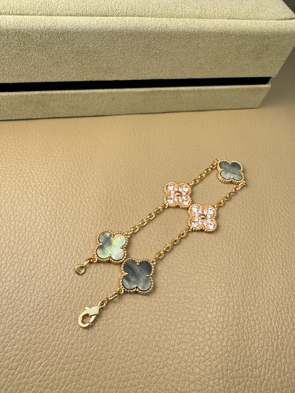 [🌹Rose💎]CLOVER 5 MOTIFS DARK MOP AND DIAMONDS  BRACELET
