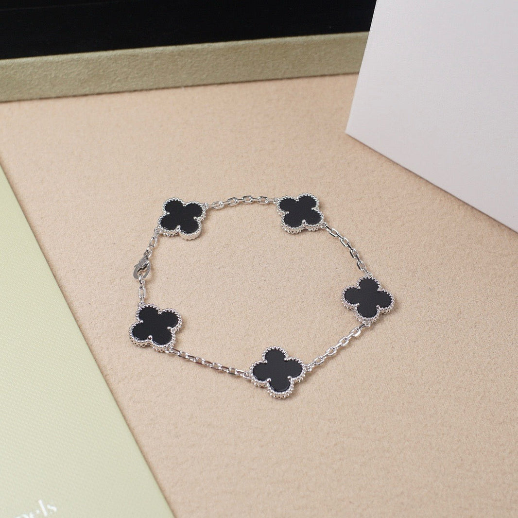 [🌹Rose💎]CLOVER 5 MOTIF ONYXS  BRACELET SILVER