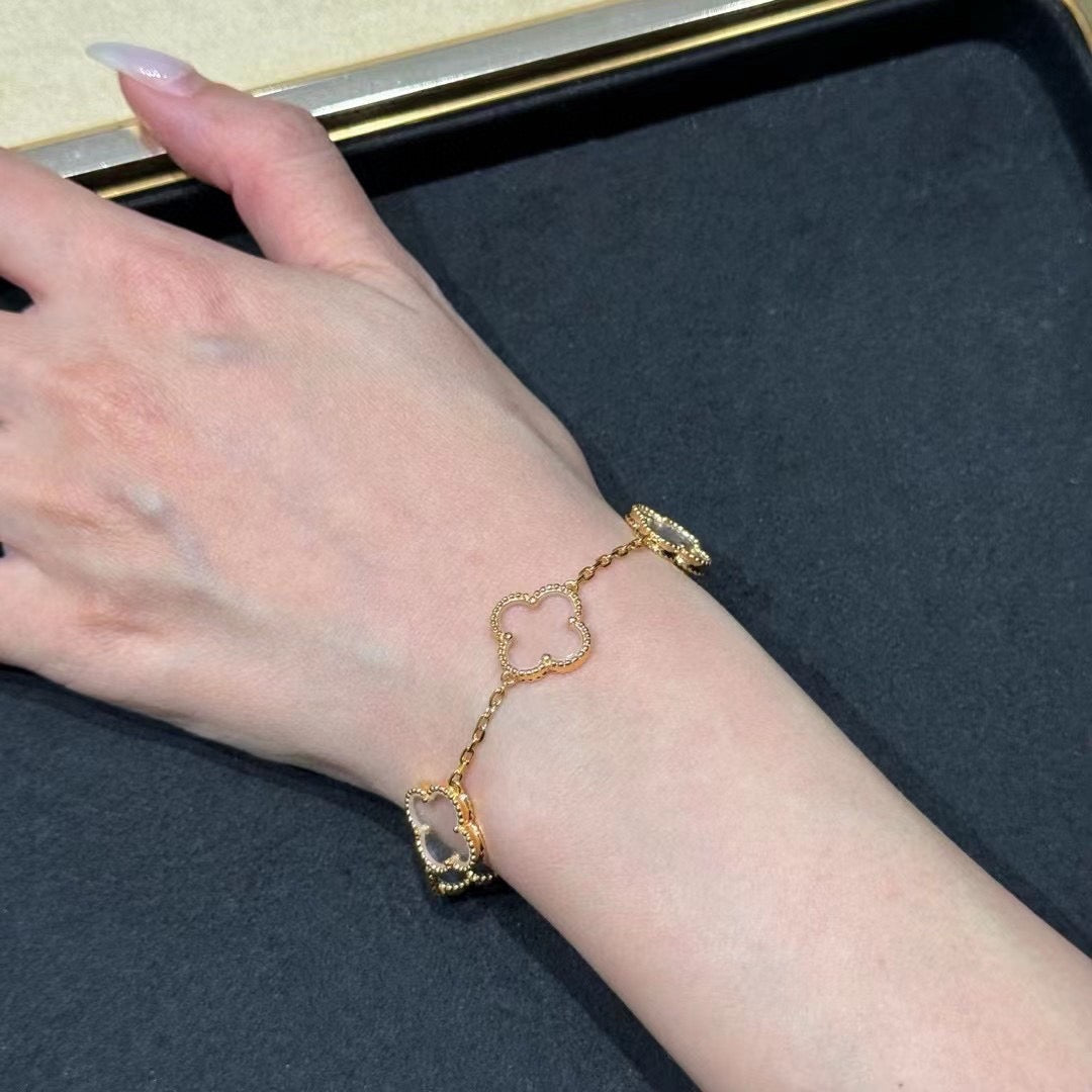 [Rose Jewelrys]CLOVER 5 MOTIF ROCK CRYSTAL PINK GOLD BRACELET