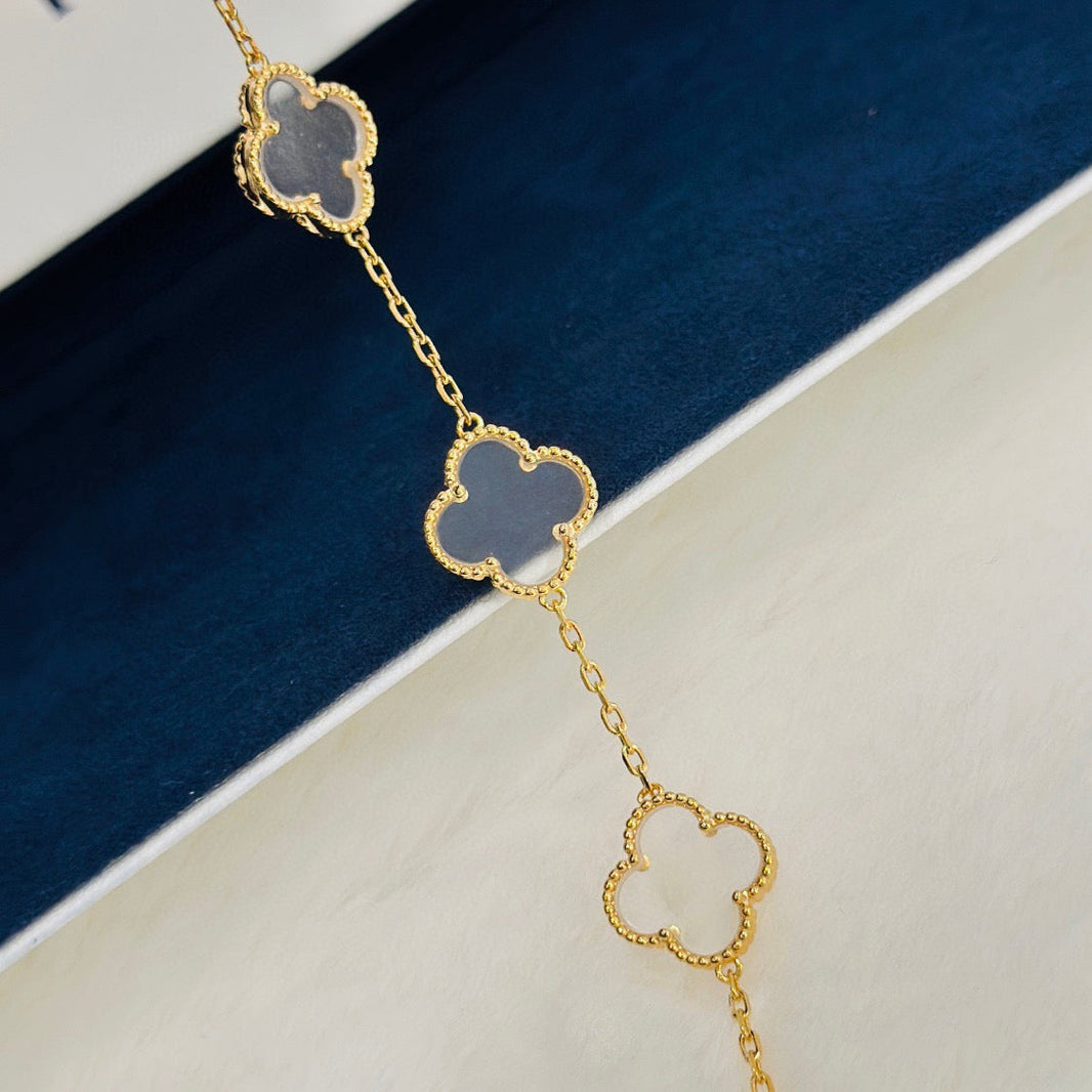 [🌹Rose💎]CLOVER 5 MOTIF ROCK CRYSTAL PINK GOLD BRACELET