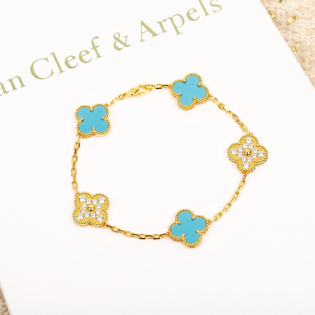 [🌹Rose💎]CLOVER 5 MOTIF TURQUOISE DIAMOND GOLD BRACELET