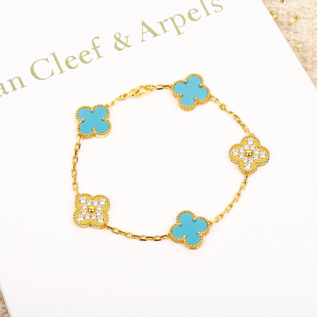 [Rose Jewelrys]CLOVER 5 MOTIF TURQUOISE DIAMOND GOLD BRACELET