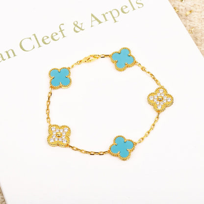 [Rose Jewelrys]CLOVER 5 MOTIF TURQUOISE DIAMOND GOLD BRACELET