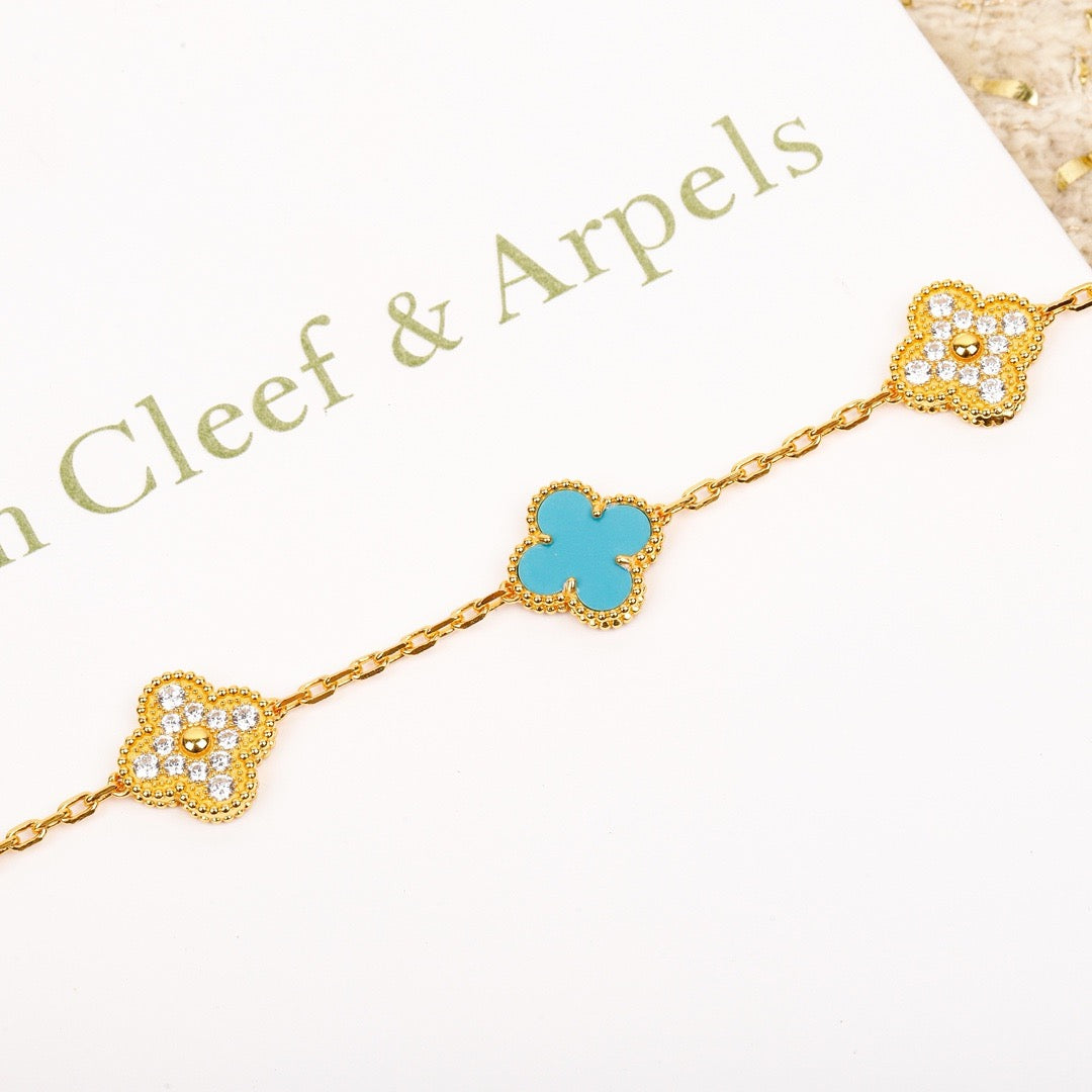 [Rose Jewelrys]CLOVER 5 MOTIF TURQUOISE DIAMOND GOLD BRACELET