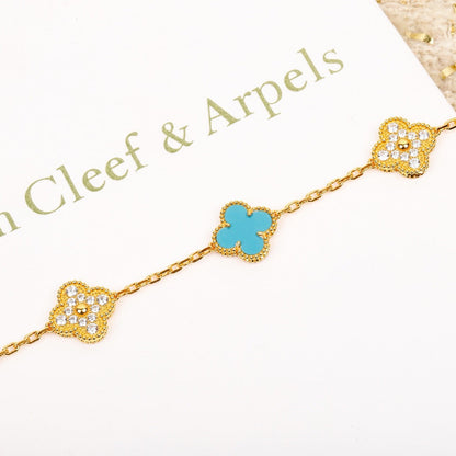 [Rose Jewelrys]CLOVER 5 MOTIF TURQUOISE DIAMOND GOLD BRACELET
