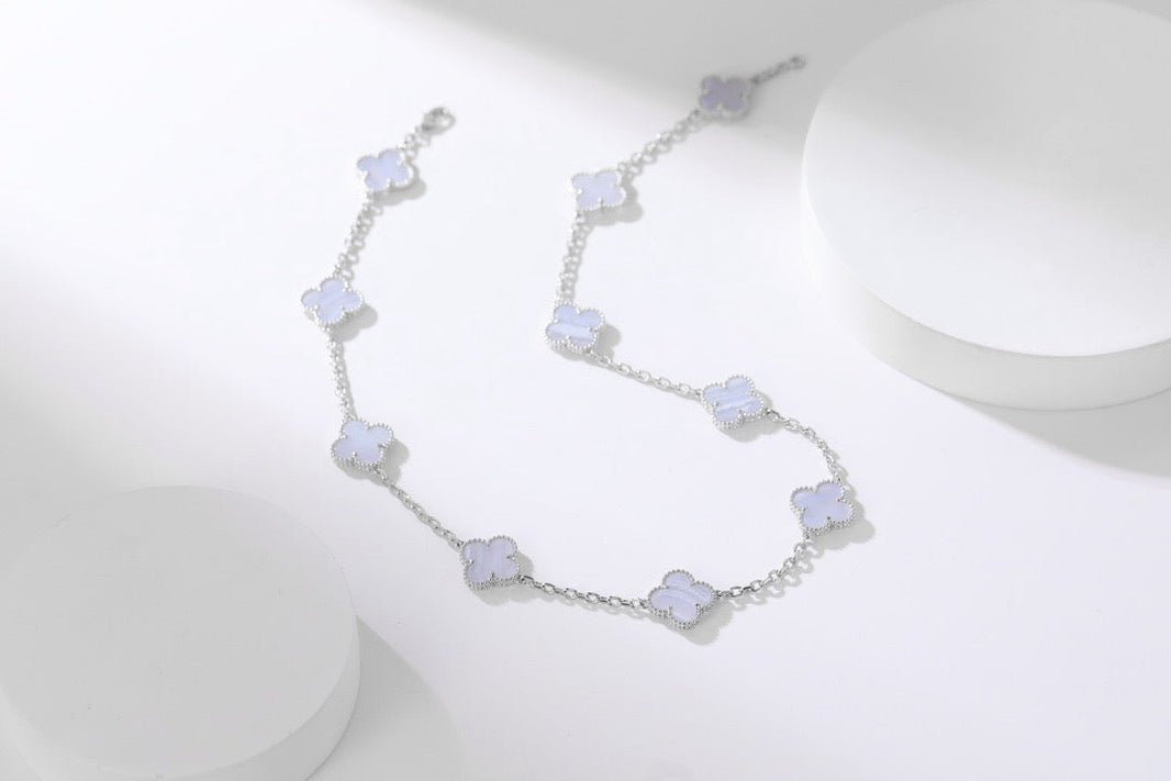 [🌹Rose💎]CLOVER 10 MOTIFS PURPLE CHALCEDONY  NECKLACE SILVER